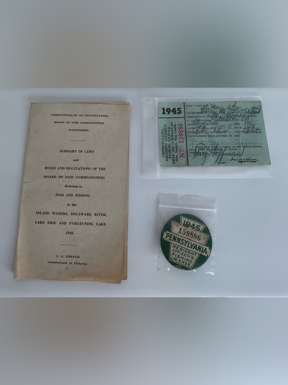 1945 Pennsylvania Resident Fishing License Pin Paper Booklet Matching